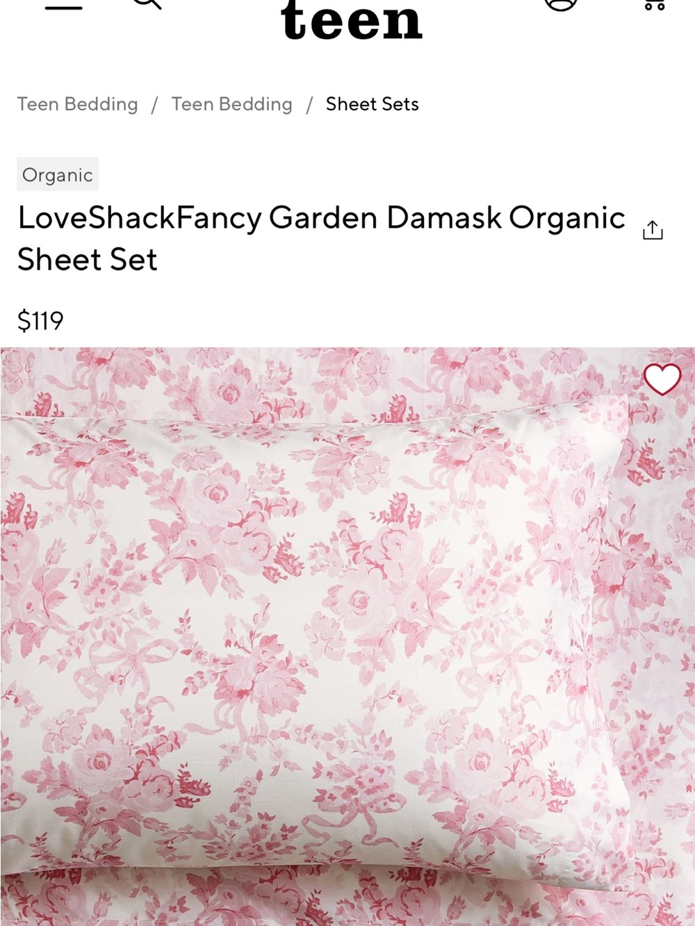 LoveShackFancy x Pottery Barn Teen Garden Damask Full Sheets Pink 3 Piece